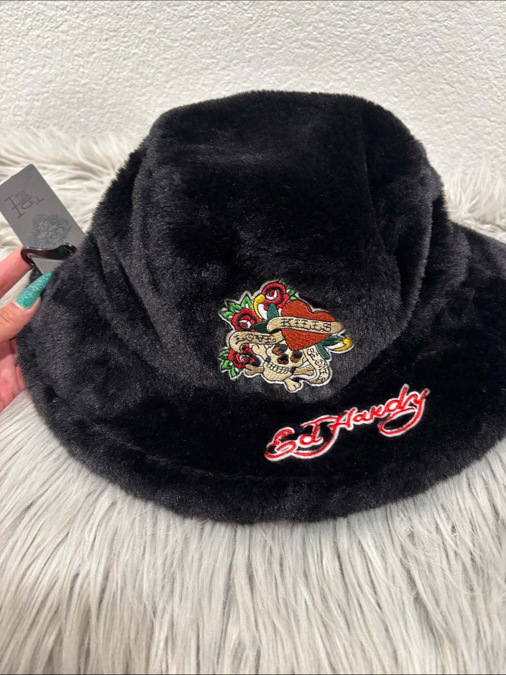 NWT Ed Hardy Black Faux Fur Bucket Hat with Colorful Embroidered Skull